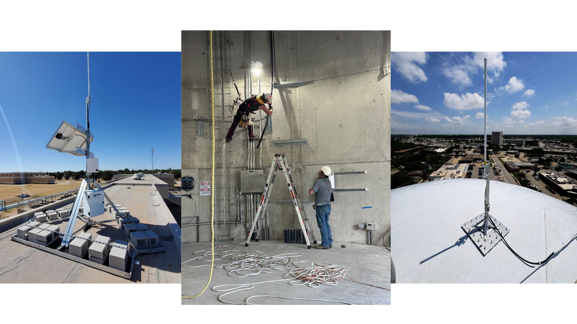 Solar AMI station on rooftop, installers putting in cable, smart grid network antenna on magnetic mount